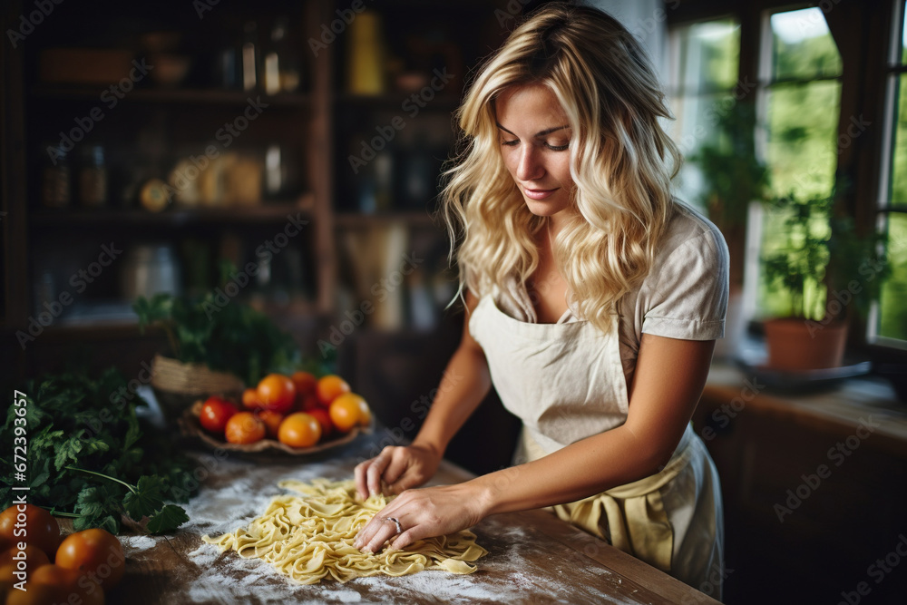 Portrait of a beautiful young woman preparing pasta in the kitchen Portrait of a beautiful young woman preparing pasta in the kitchen