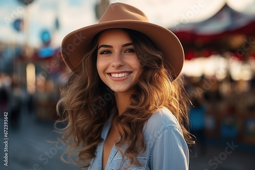 Portrait of a beautiful young woman in a hat on the background of the amusement park.