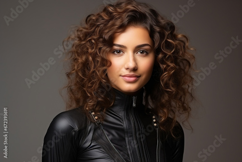 Portrait of a beautiful young woman with curly hair in a black leather suit
