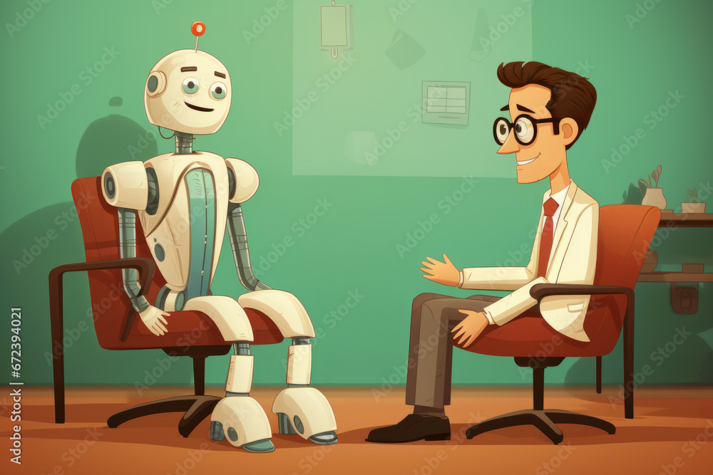 Illustration of a doctor consulting with a robot in a medical office