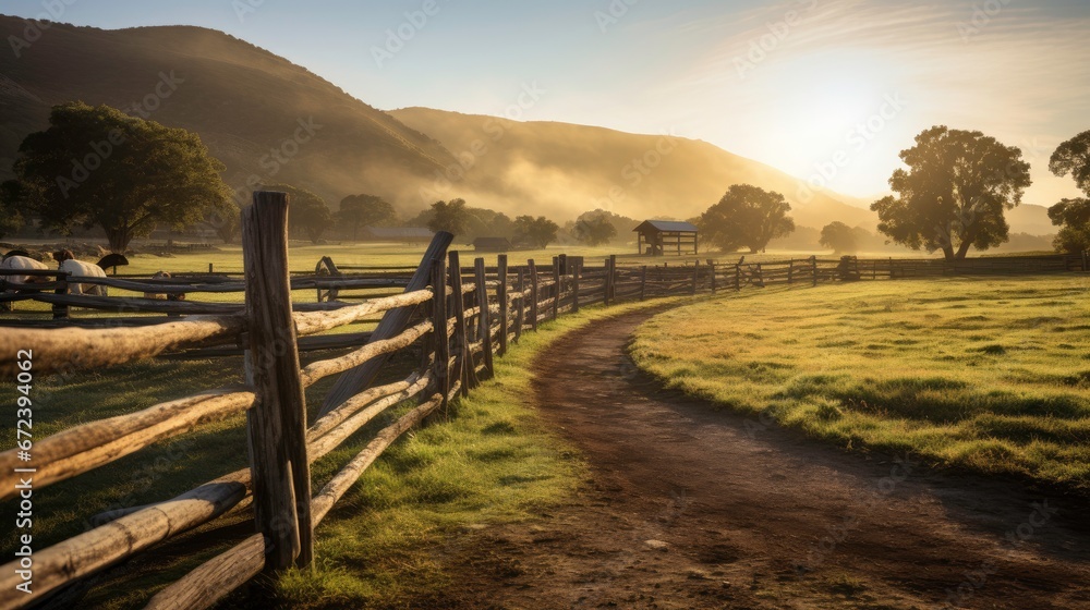 Close up fence with sunrise over grassy rural landscape.