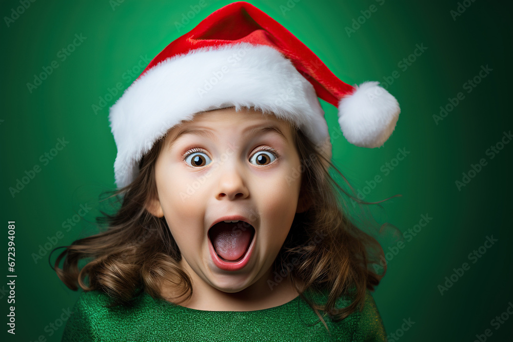 Excited little girl with big eyes in Santa Claus costume, bright green background. Excited little girl with big eyes in Santa Claus costume, bright green background.