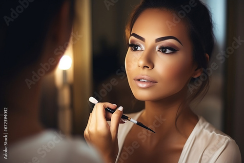 A gorgeous beautiful woman applying some makeup in front of mirror