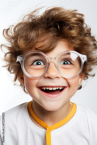 Funny looking child boy wears futuristic eyeglasses, on white background.