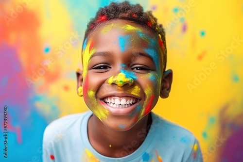 happy and smiling African American child boy celebrates his birthday, vivid and vibrant colors photo