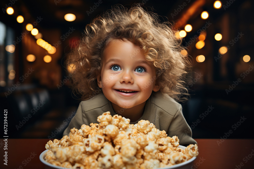 Naklejka premium Funny and ridiculous child boy eats caramel popcorn