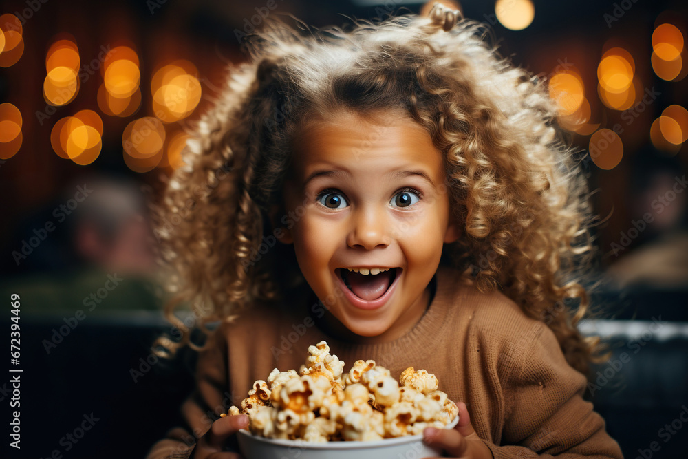 Funny and ridiculous child girl eats caramel popcorn Funny and ridiculous child girl eats caramel popcorn