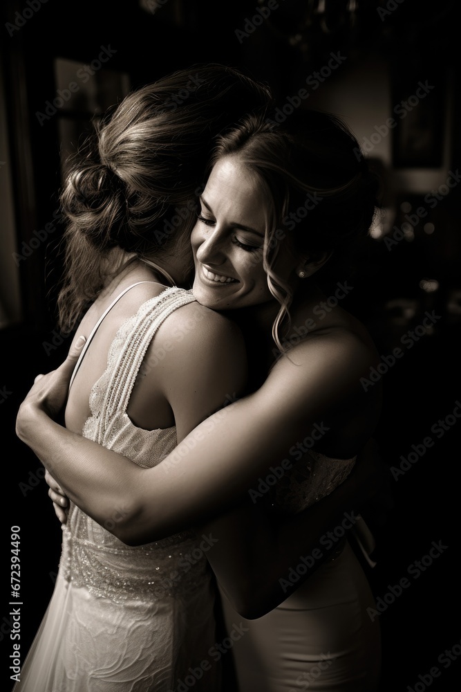 A girlfriend attending wedding of their best friend. She is wearing a white dress and they hug her A girlfriend attending wedding of their best friend. She is wearing a white dress and they hug her
