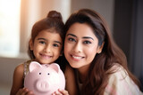 Happy beautiful Indian mother and kid girl saving money, holding piggy bank, looking at camera, smiling, laughing.