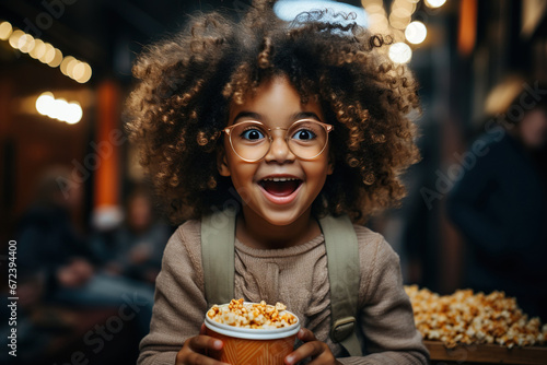 Funny and ridiculous African American child girl eats caramel popcorn photo