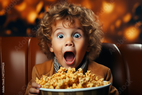 Funny and ridiculous child boy eats caramel popcorn