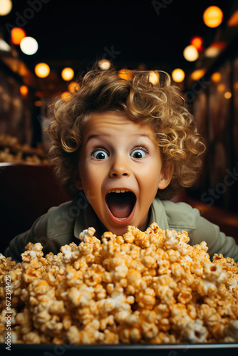 Funny and ridiculous child boy eats caramel popcorn