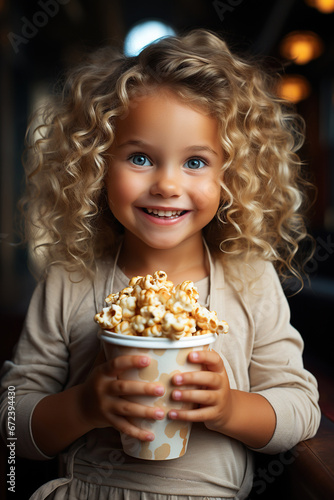 Funny and ridiculous child girl eats caramel popcorn