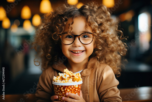 Funny and ridiculous child girl eats caramel popcorn