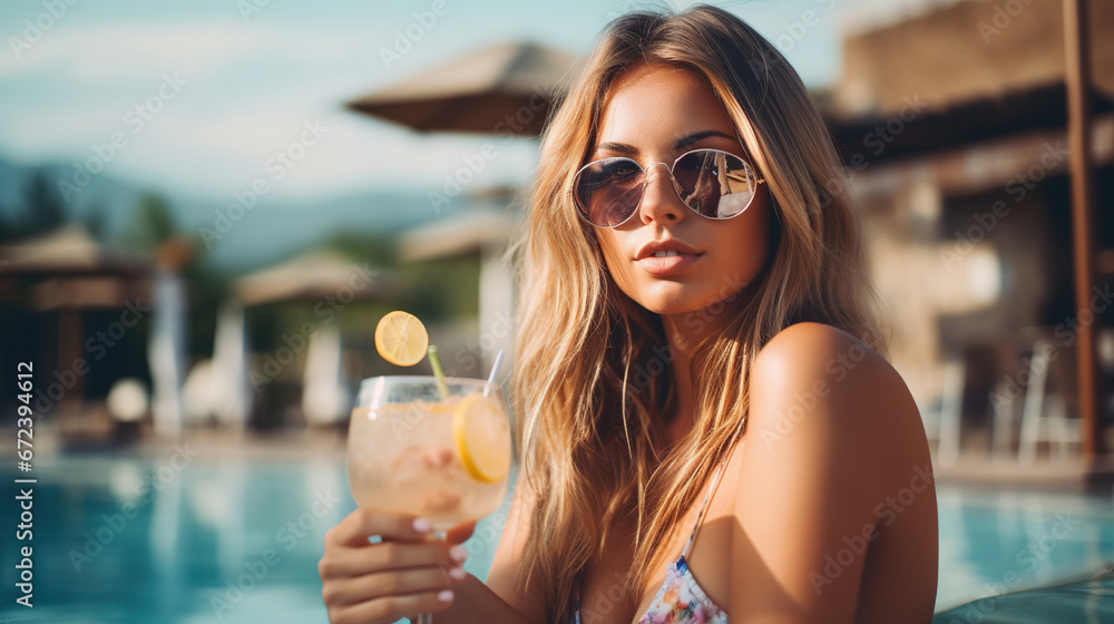 Young woman chilling at the pool with drink. - obrazy, fototapety, plakaty 