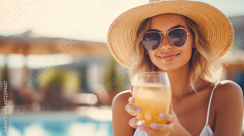 Young woman chilling at the pool with drink.