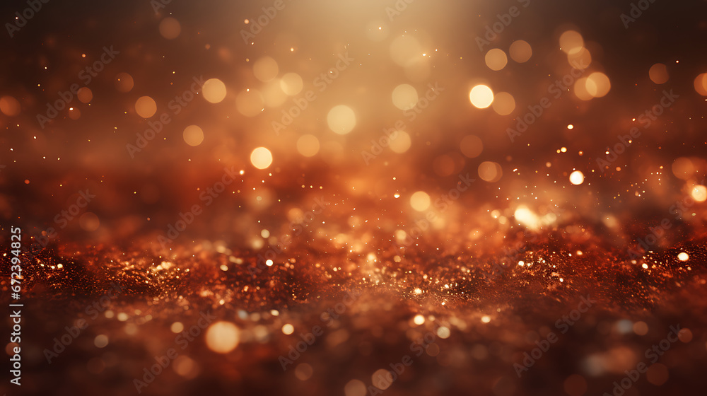 Fototapeta premium An abstract environment with earthy terracotta and bronze particles. Rustic autumn light shine particles bokeh on a desert sand background. Bronze foil texture created with AI technology