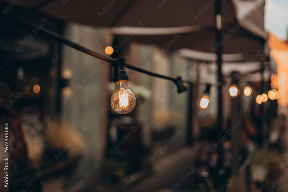 Decorative Outdoor Street electric garland. Old light bulbs. Lamp hang in the yard. Terrace concept.