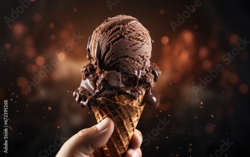 Person hand holds chocolate ice cream in a waffle cone photo