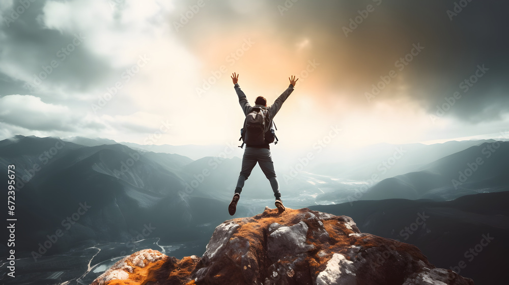 Successful hiker man jumping on the top of the mountain - Successful, business and sport concept.