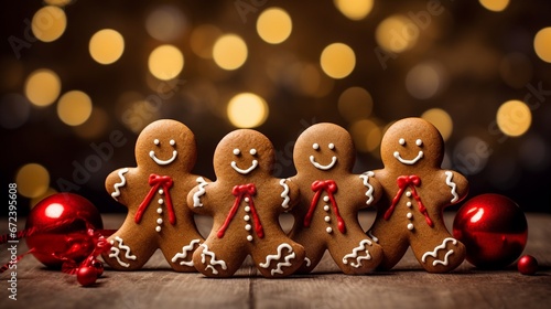 Gingerbread men and gingerbread cookie on bokeh background. Christmas banner.