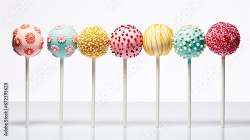 Assorted various cake pops with colorful decorations on white background,