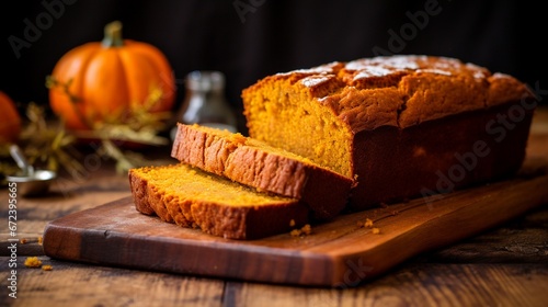 Homemade pumpkin cake on black wooden background, winter seasonal sweet dessert Pumpkin Bread. photo