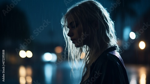 silhouette shot of a gorgeous teen standing in the rain in an empty street with his head tilted downward, misery and ominous concept, rain drops, blond hair, mid of the night, dim theme, side shot photo