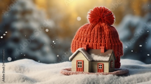 Cozy Abode: House Model Adorned with Knit Cap for Winter Warmth. Generative ai