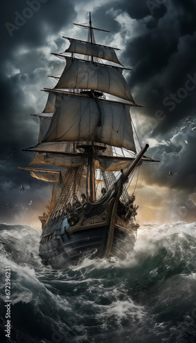 a large boat with a dark sky, in the style of dynamic and action-packed scenes,