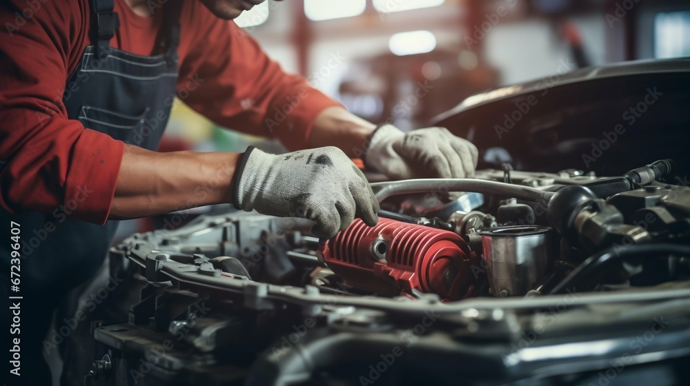 Precision at Work: Mechanic Tuning Car Engine with Wrench in Garage Workshop. Generative ai Precision at Work: Mechanic Tuning Car Engine with Wrench in Garage Workshop. Generative ai