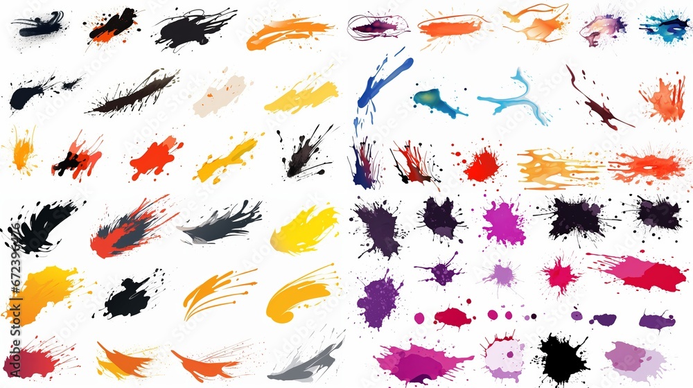 Set of colorful paint brush strokes, ink splatter, and artistic design ...