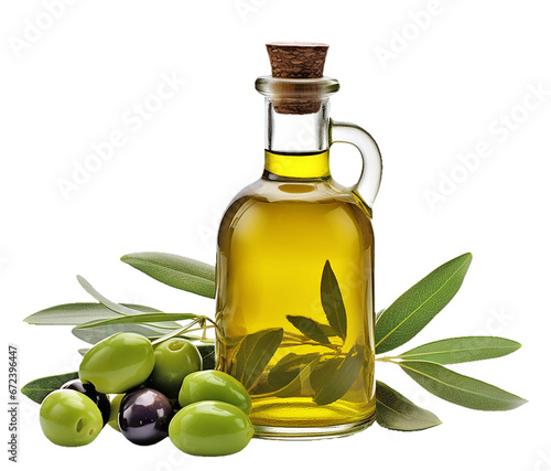olive oil in botle and olives with leaves isolated on transparent background, png olive oil