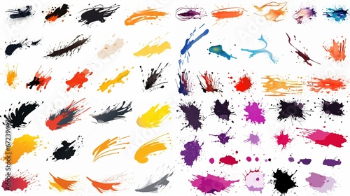 Set of colorful paint brush strokes, ink splatter, and artistic design elements. Ink splashes. Rough smears and stains. white background