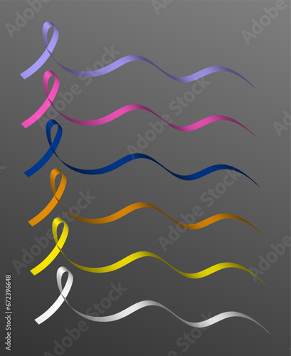 Cancer ribbon collection in 3d. Pink breast cancer, blue ribbon colon rectal cancer, orange color leukemia, purple ribbon pancreatic cancer, yellow ribbon sarcoma, white ribbon lung cancer