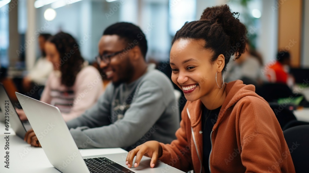Empowerment Through Learning: Seminar with Happy Black Adults on Laptops. Generative ai Empowerment Through Learning: Seminar with Happy Black Adults on Laptops. Generative ai