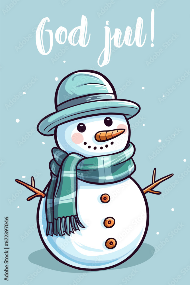 Cheerful Scandinavian Christmas card with cute smiling snowman. God Jul lettering means Merry Christmas in Swedish, Danish, Norwegian, Icelandic. Colorful Nordic winter holiday vector illustration