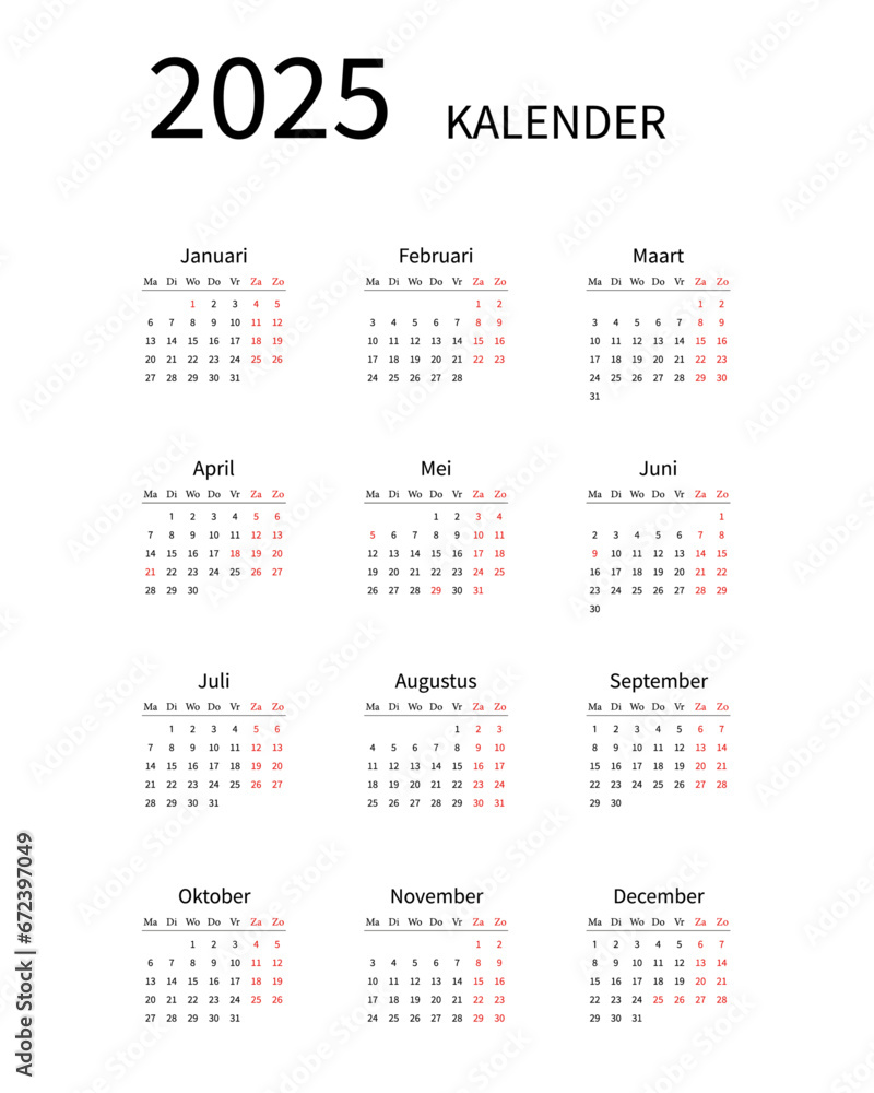 Simple Calendar 2025 on Dutch languag with public holidays the country of Netherlands, week start on Monday. Vector graphics Simple Calendar 2025 on Dutch languag with public holidays the country of Netherlands, week start on Monday. Vector graphics