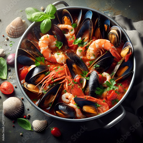 Spicey Red Cioppino, San Francisco Fish Stew Soup, Fresh from the Market Clam Meat, Dungeness Crab, Shrimp, Scallops, Squid, Mussels, Fish, Tomatoes, Wine on a Black Plate Skillet Traditional American photo
