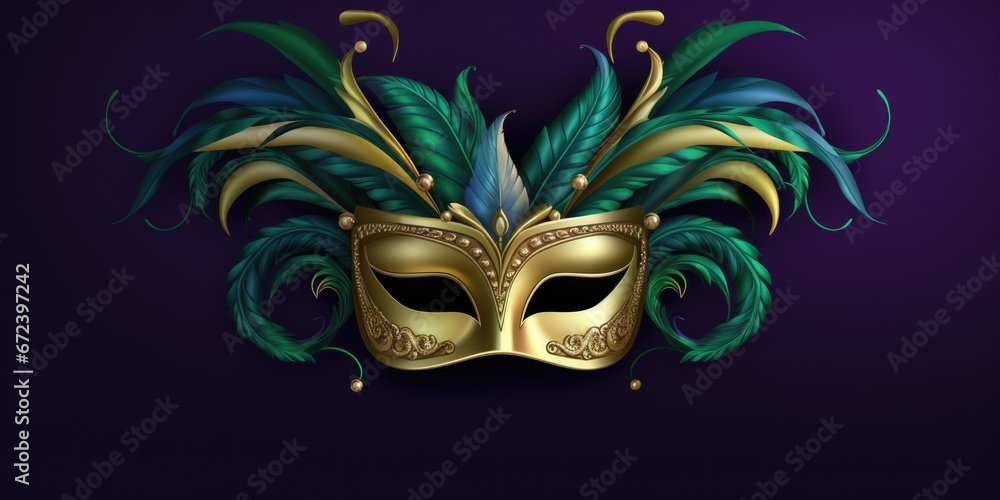 A gold mask with green feathers on a purple background. Mardi Gras decorative element.