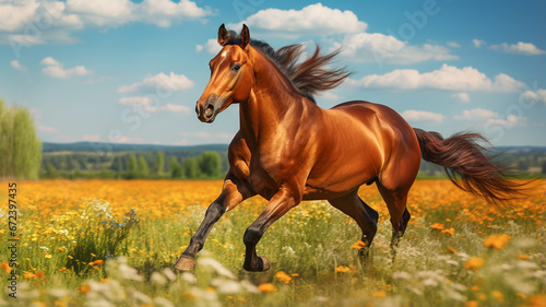 horse running in a meadow at sunset