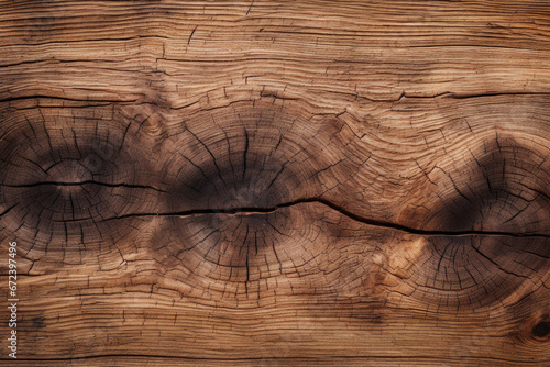 Close up photo of wooden slat with a crack through the grain and knot, dark cedar surface material texture