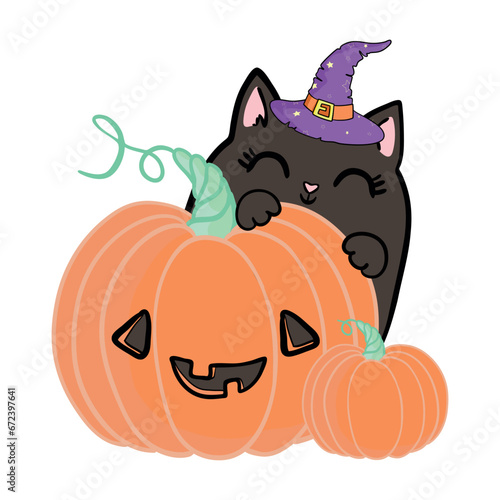 Happy Halloween greeting card. Devil black cat sitting on pumpkin