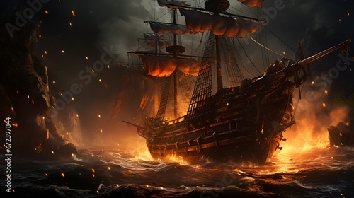 Intense and dramatic scene of a galleon ship amidst fiery turmoil, turbulent waters, waves crashing against wooden hull. Chaos, danger and imminent doom. Generative AI