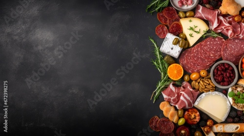 Assortment of charcuterie cheeses, meats, and appetizers. Top view double border on a dark stone background with copy space