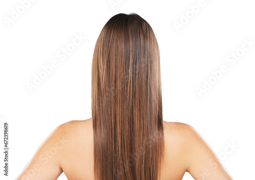 Back of woman, beauty and straight hair, health and care isolated on a transparent png background. Natural hairstyle, rear view and cosmetics in salon treatment, hairdresser or keratin for wellness