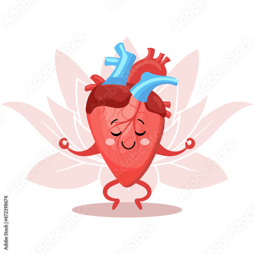 Cute cheerful cartoon character of healthy human heart in yoga pose. Human anatomy, medical concept. Illustration, icon, vector