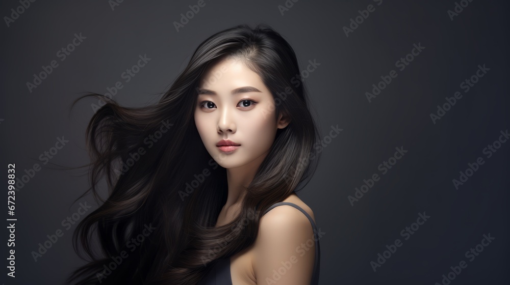 gorgeous young Asian lady with clean fresh skin & body on a gray background, flowing hair gorgeous young Asian lady with clean fresh skin & body on a gray background, flowing hair