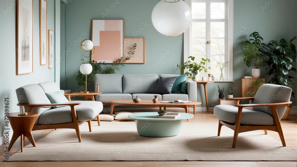 Fototapeta premium Elegant Fusion: Mid-Century Modern Scandi Living Room