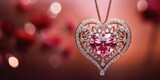 A pink heart shaped diamond necklace hanging from a chain.